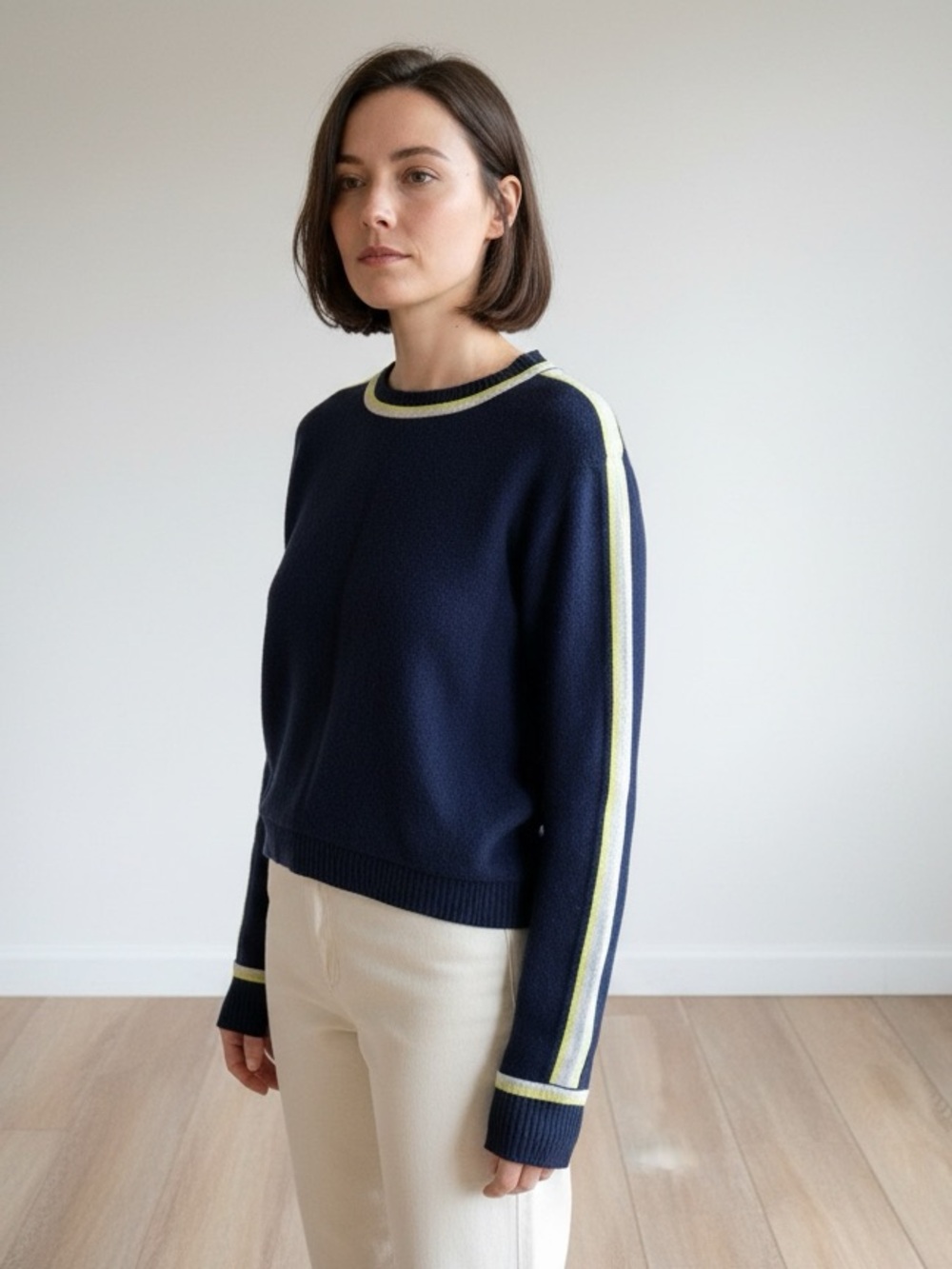 100% Cashmere Navy Crewneck Sweater with Yellow/Gray Contrast Trim